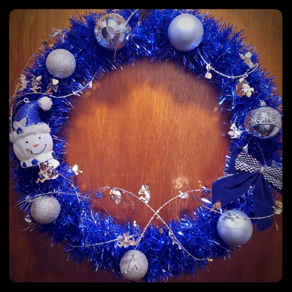 Ooak holiday wreath in cobalt blue and silver